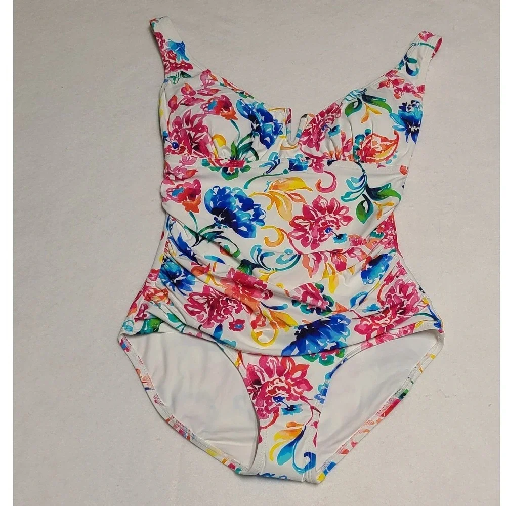 Anne Cole Women's Floral Shirred One‎ Piece Swimsuit White Multicolor Size 8/10